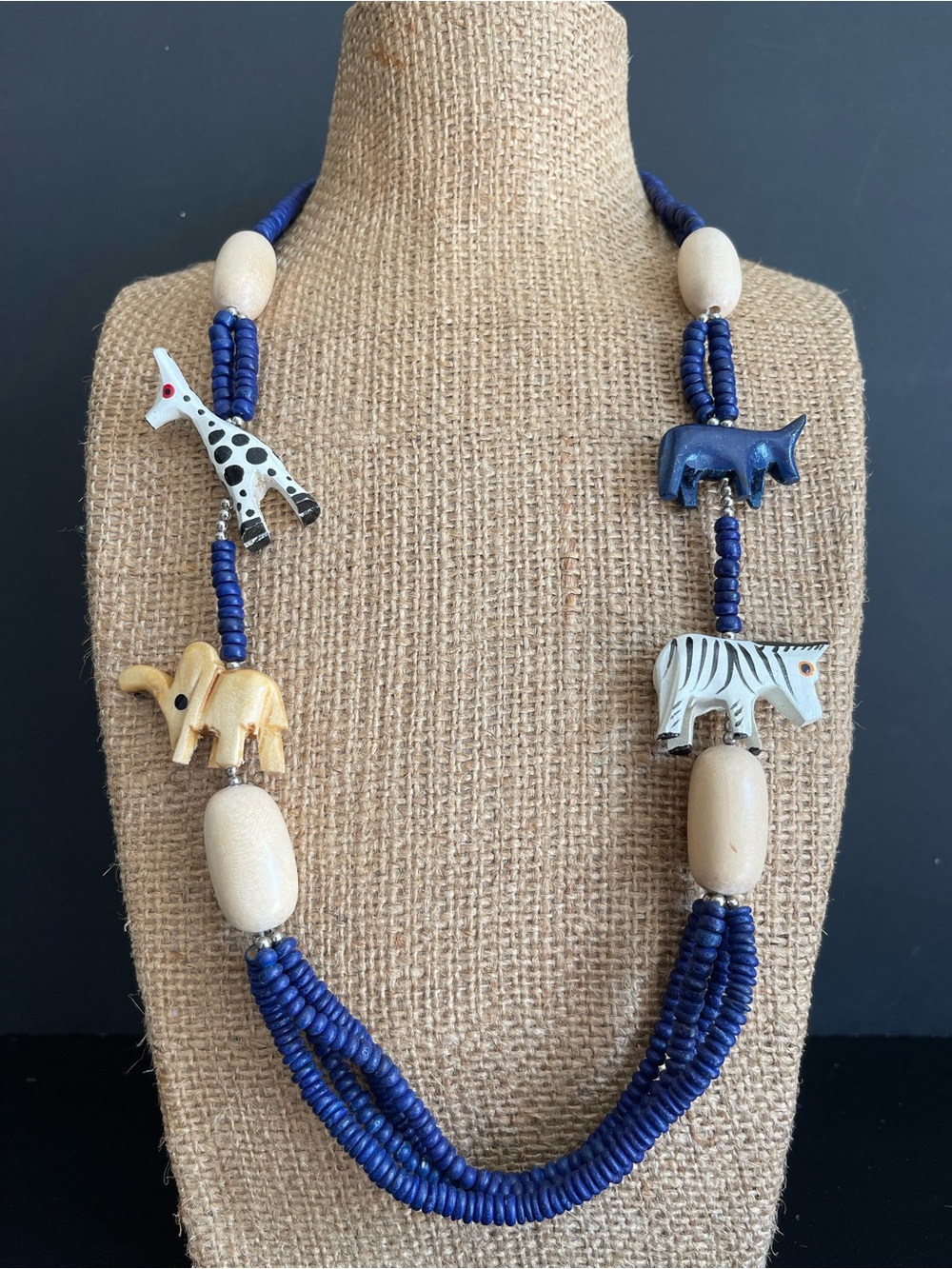Handmade Animal Bead Necklace in Navy and Natural